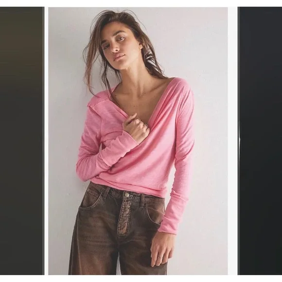 Free People Kimmi Long Sleeve Top Pink XL Soft  Relaxed NWT New - Picture 2 of 10